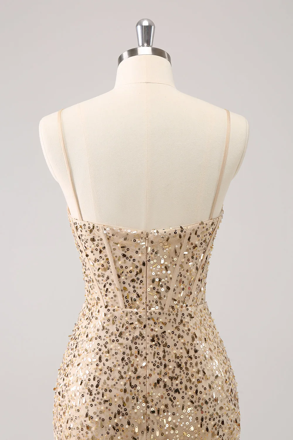 Stylish Golden Bodycon Spaghetti Straps Sequin Short Homecoming Dress