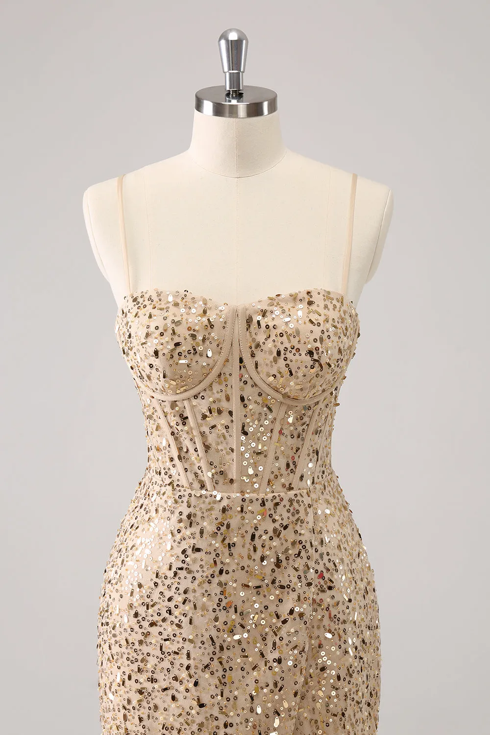 Stylish Golden Bodycon Spaghetti Straps Sequin Short Homecoming Dress