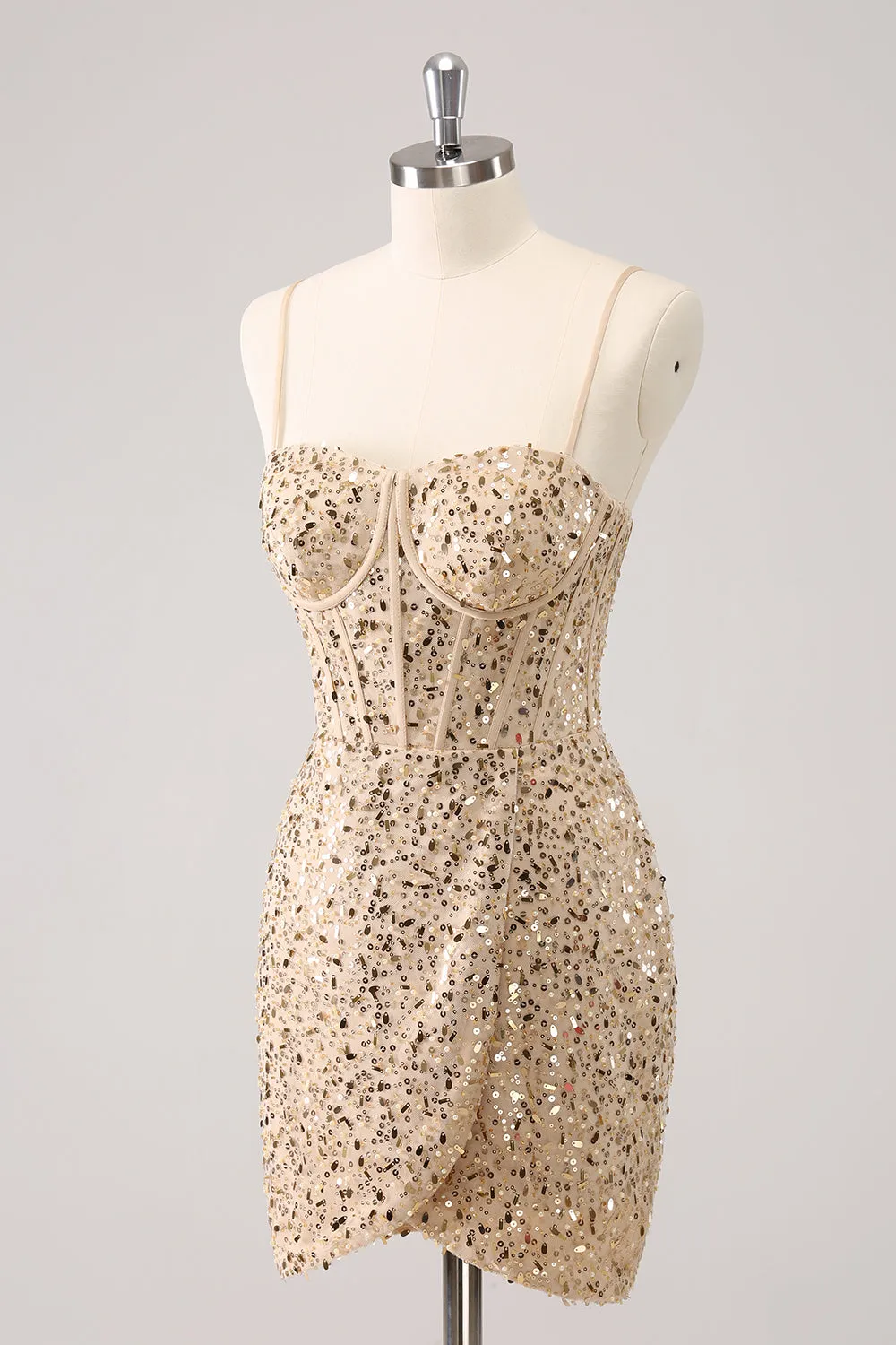 Stylish Golden Bodycon Spaghetti Straps Sequin Short Homecoming Dress