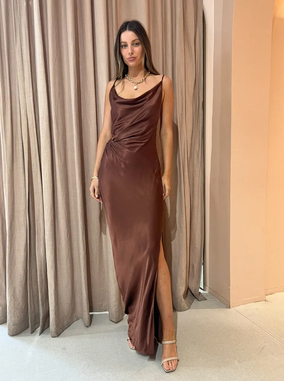 Suboo Tate Twist Front Cowl Maxi Dress in Chocolate