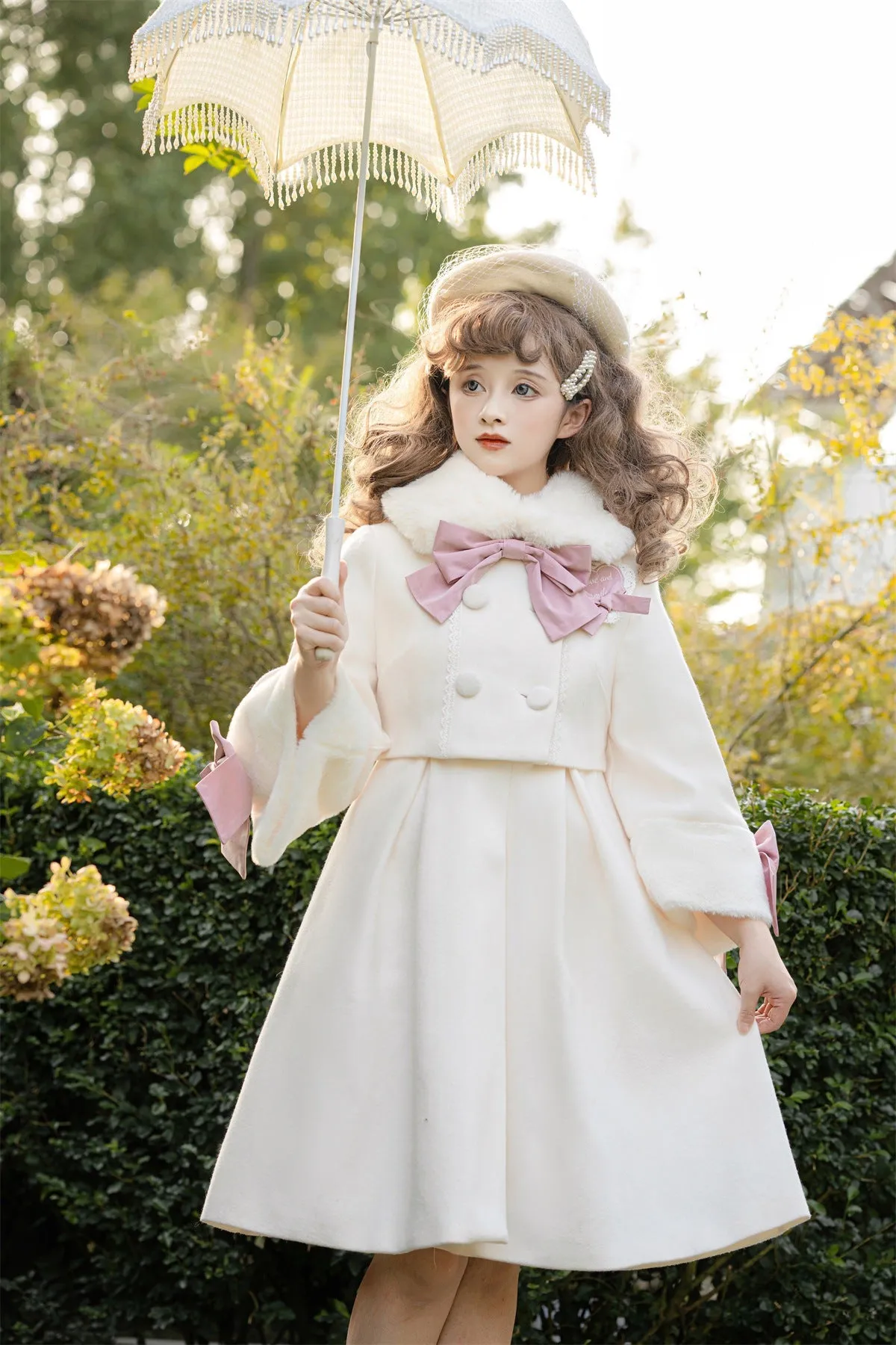 Sweet Princess Pearl White Pink Ribbon Fur Dress Coat