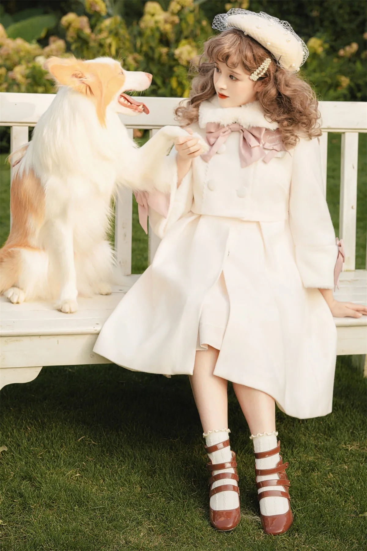 Sweet Princess Pearl White Pink Ribbon Fur Dress Coat