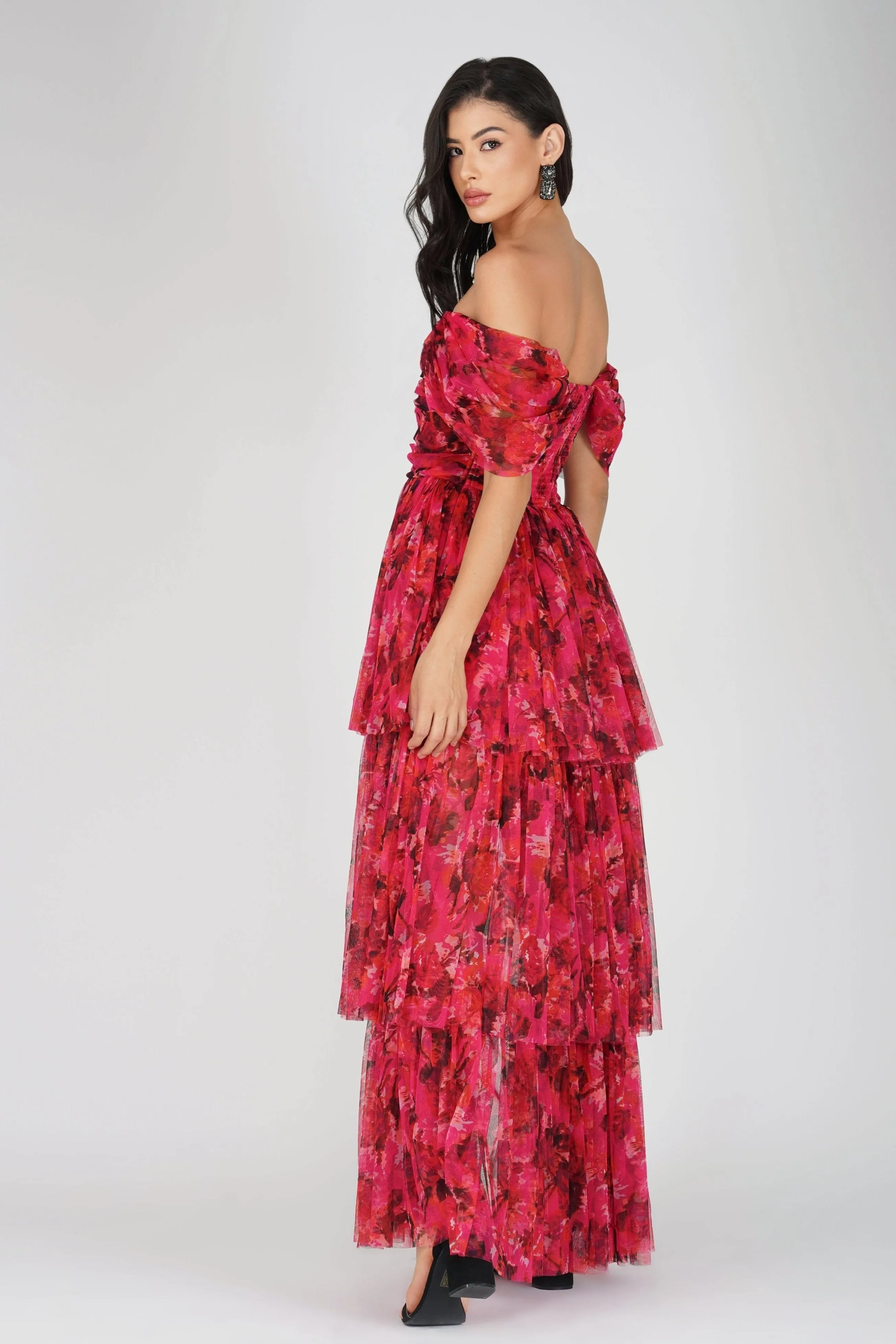 Sydney Tulle Maxi Dress in Red Pink Print