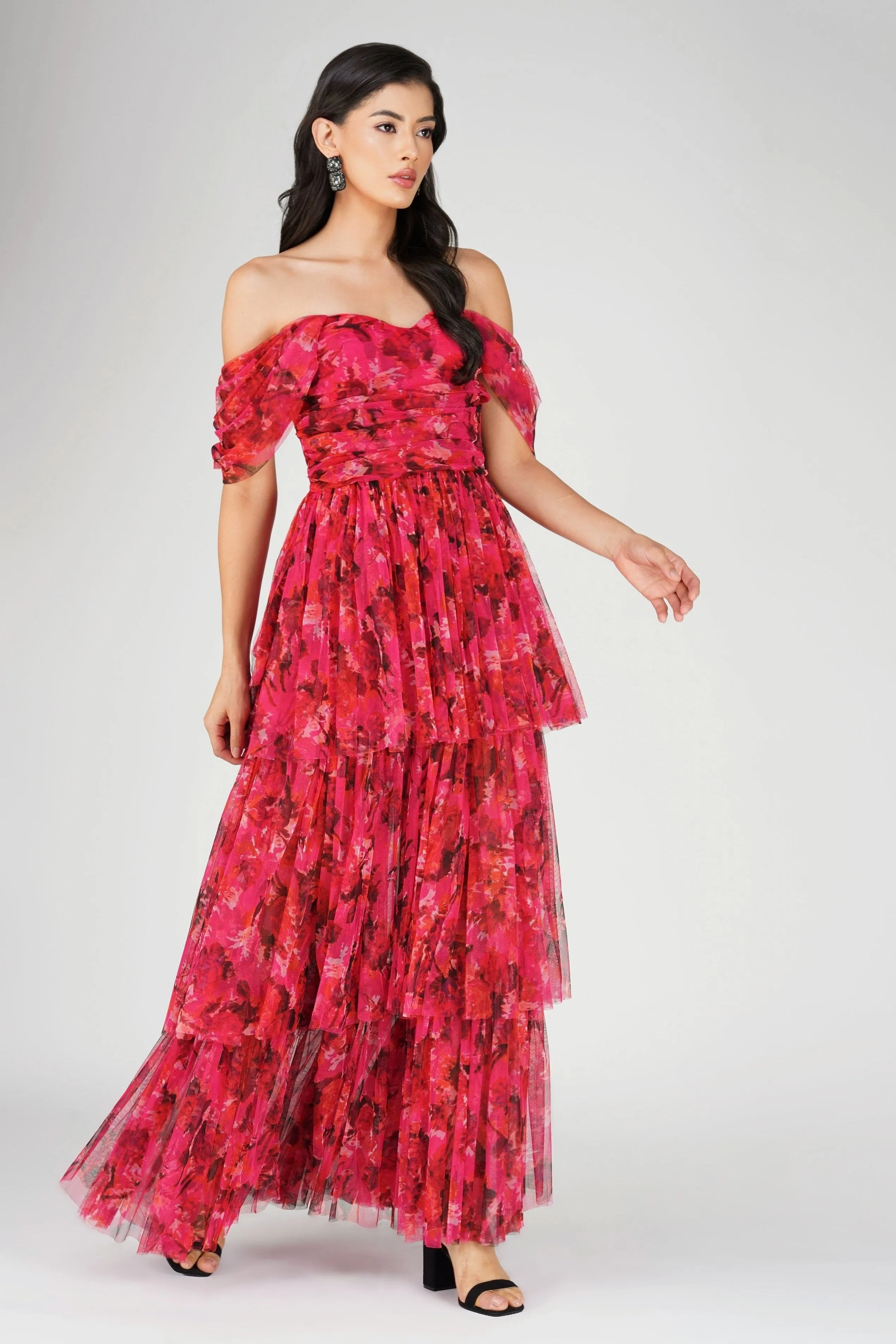 Sydney Tulle Maxi Dress in Red Pink Print