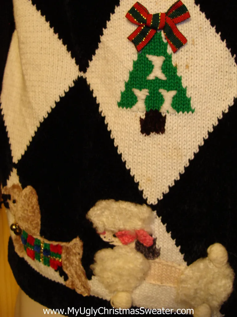 Tacky Ugly Christmas Sweater Furry Collar with Diamond Pattern of Festive Wreaths, Trees,  and Dogs (f37)