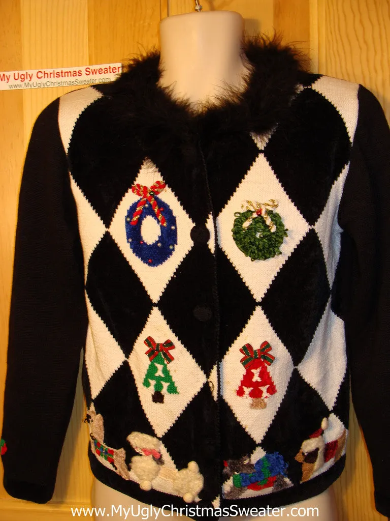 Tacky Ugly Christmas Sweater Furry Collar with Diamond Pattern of Festive Wreaths, Trees,  and Dogs (f37)