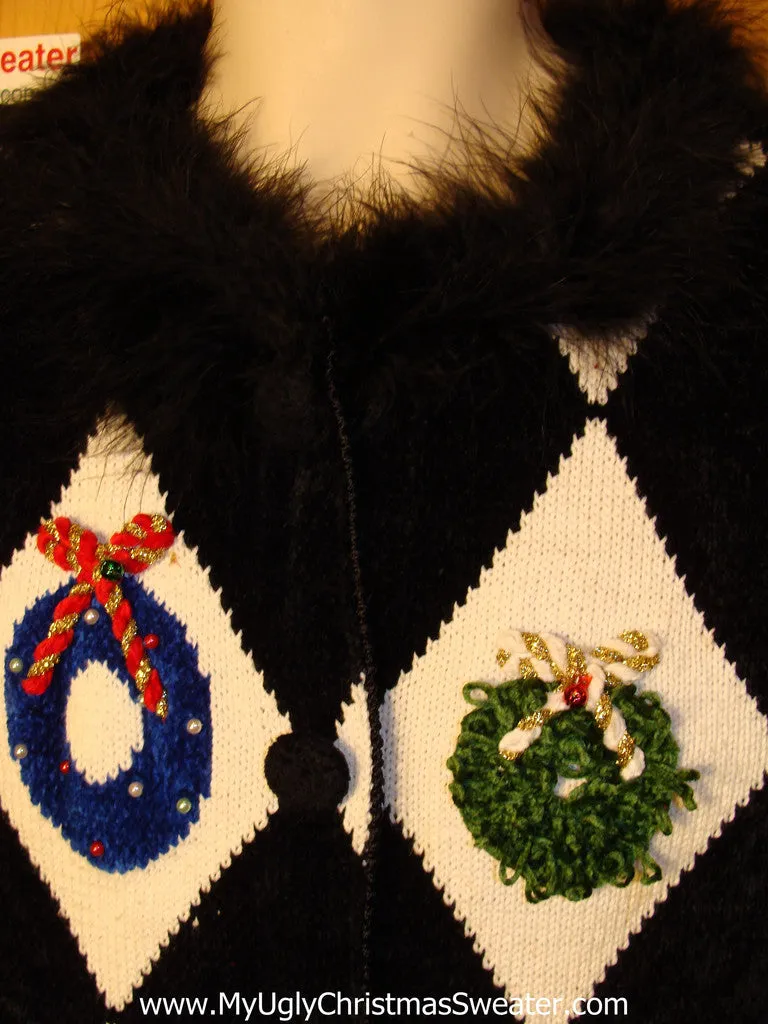 Tacky Ugly Christmas Sweater Furry Collar with Diamond Pattern of Festive Wreaths, Trees,  and Dogs (f37)