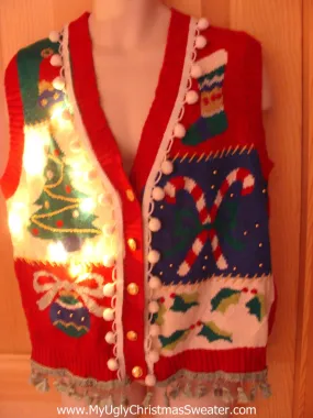 Tacky Ugly Christmas Sweater Vest with Lights and Fringe. 80s Style with Candycane(g19)