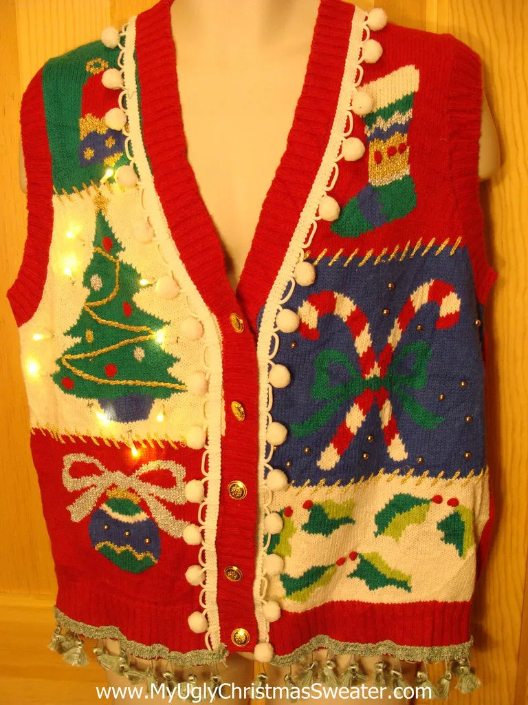 Tacky Ugly Christmas Sweater Vest with Lights and Fringe. 80s Style with Candycane(g19)