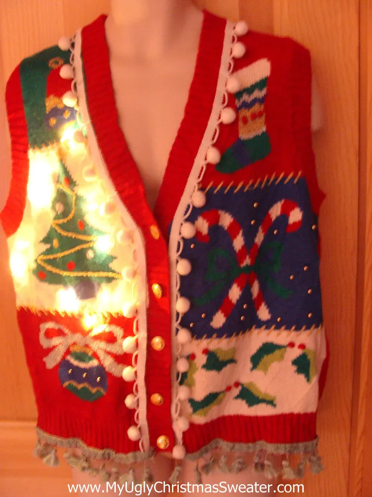 Tacky Ugly Christmas Sweater Vest with Lights and Fringe. 80s Style with Candycane(g19)