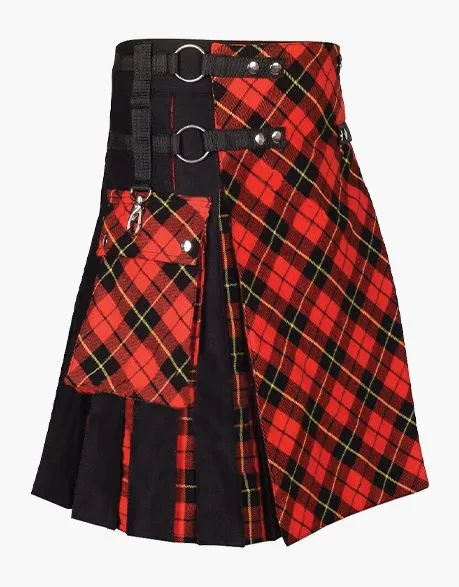 Tartan hybrid kilt in black and white with detachable apron