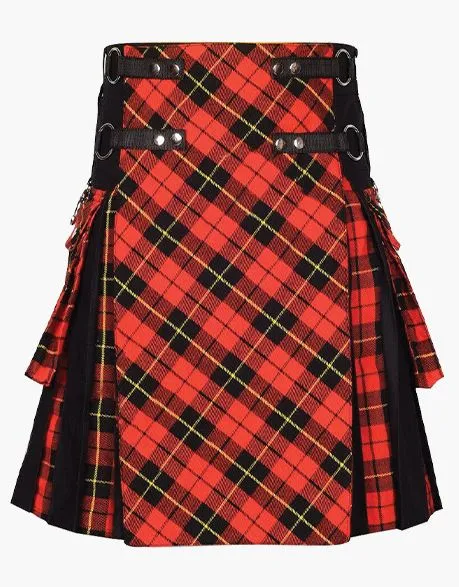 Tartan hybrid kilt in black and white with detachable apron