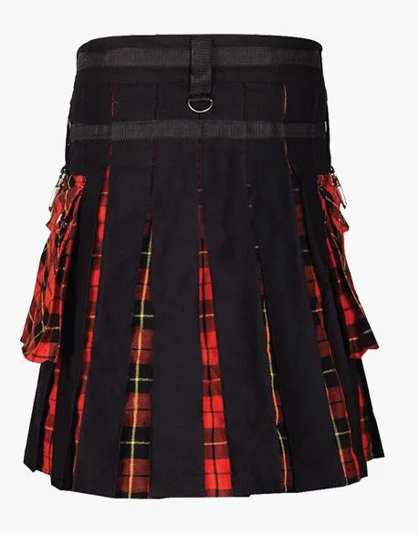 Tartan hybrid kilt in black and white with detachable apron