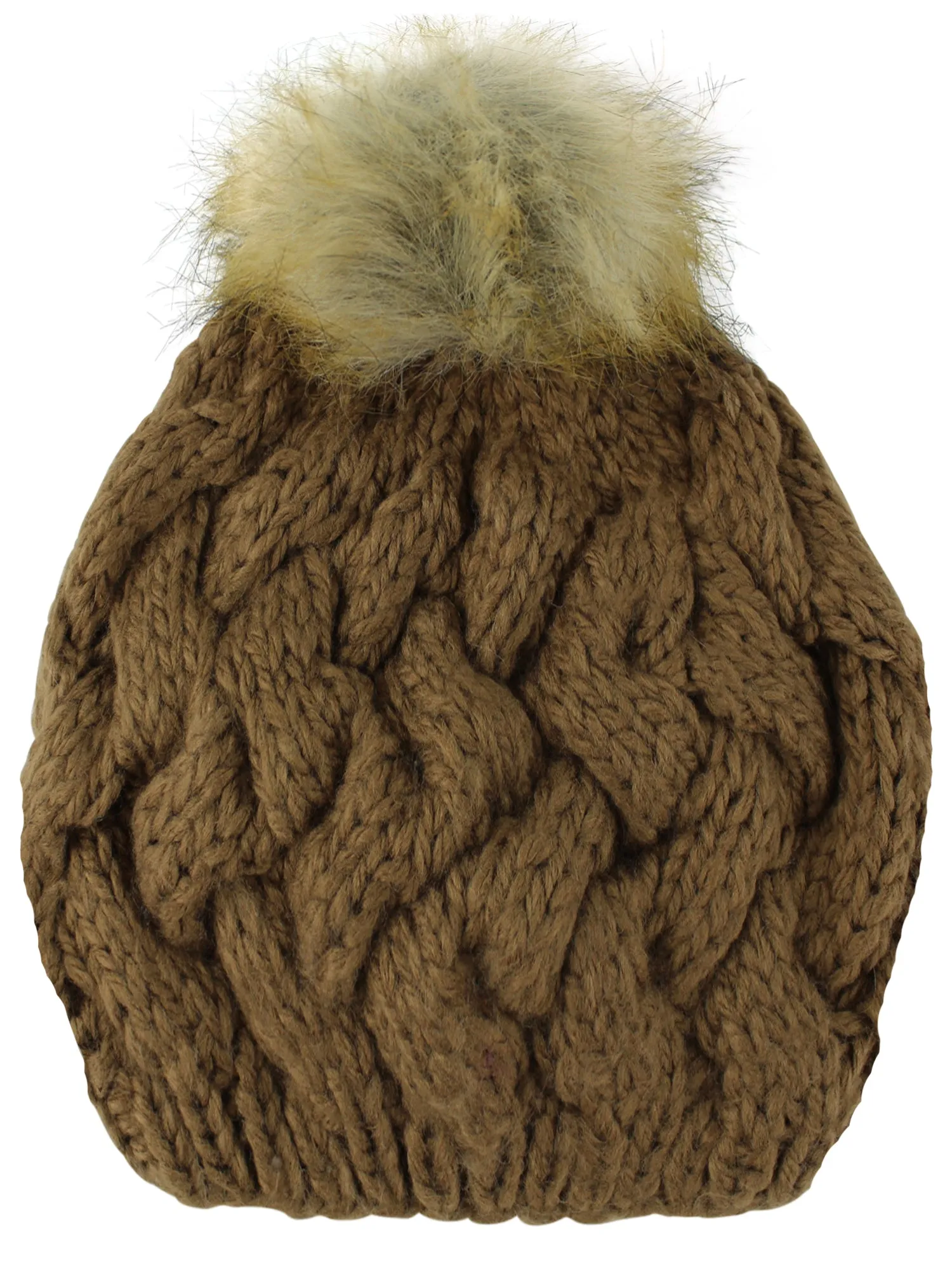 Thick Knit Beret Beanie Hat With Fur Pom Pom