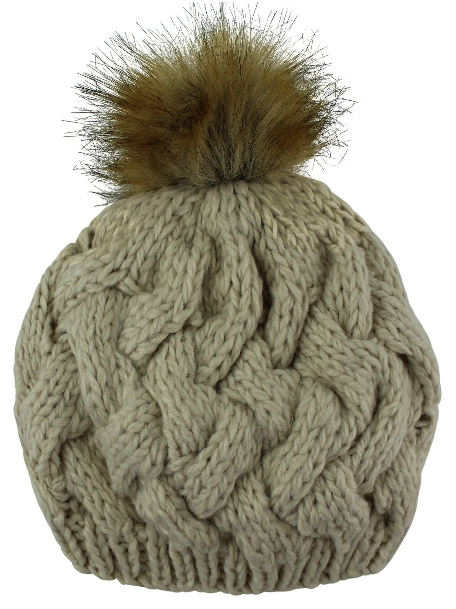 Thick Knit Beret Beanie Hat With Fur Pom Pom