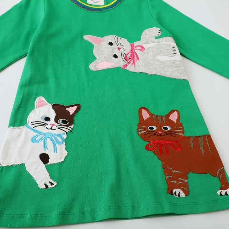 Toddler/Kid Girl's Cats Print Design Green Dress