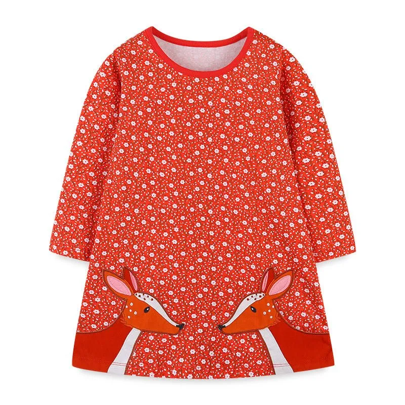 Toddler/Kid Girl's Floral Print Reindeers Embroidery Red Long Sleeve Dress with Pockets