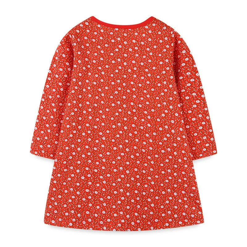 Toddler/Kid Girl's Floral Print Reindeers Embroidery Red Long Sleeve Dress with Pockets