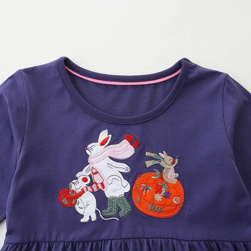 Toddler/Kid Girl's Long Sleeve Bunny & Pumpkin Embroidered Design Dress