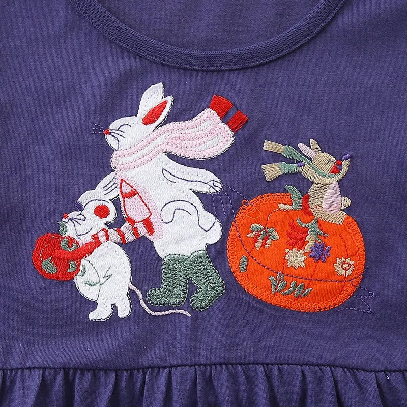 Toddler/Kid Girl's Long Sleeve Bunny & Pumpkin Embroidered Design Dress