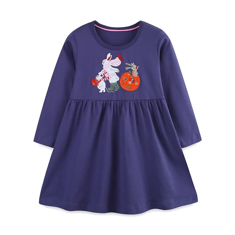 Toddler/Kid Girl's Long Sleeve Bunny & Pumpkin Embroidered Design Dress