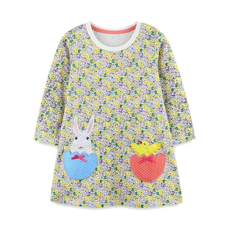 Toddler/Kid Girl's Long Sleeve Bunny with Chick Embroidery Design Dress