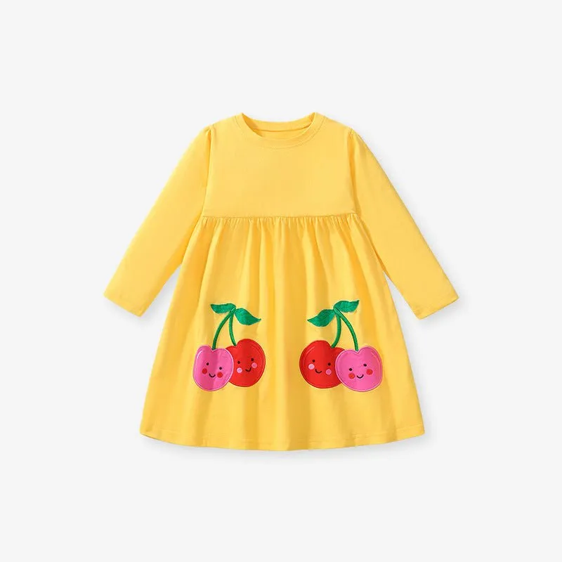 Toddler/Kid Girl's Long Sleeve Cartoon Cherry Design Yellow Dress