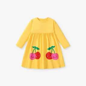 Toddler/Kid Girl's Long Sleeve Cartoon Cherry Design Yellow Dress