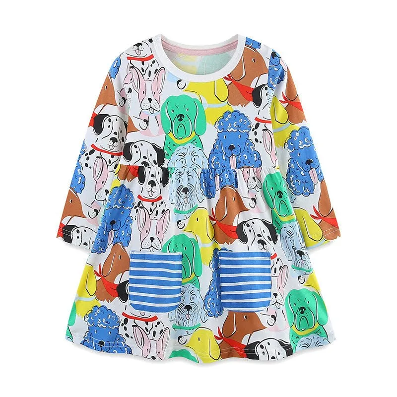 Toddler/Kid Girl's Long Sleeve Colorful Dogs Print Design Dress