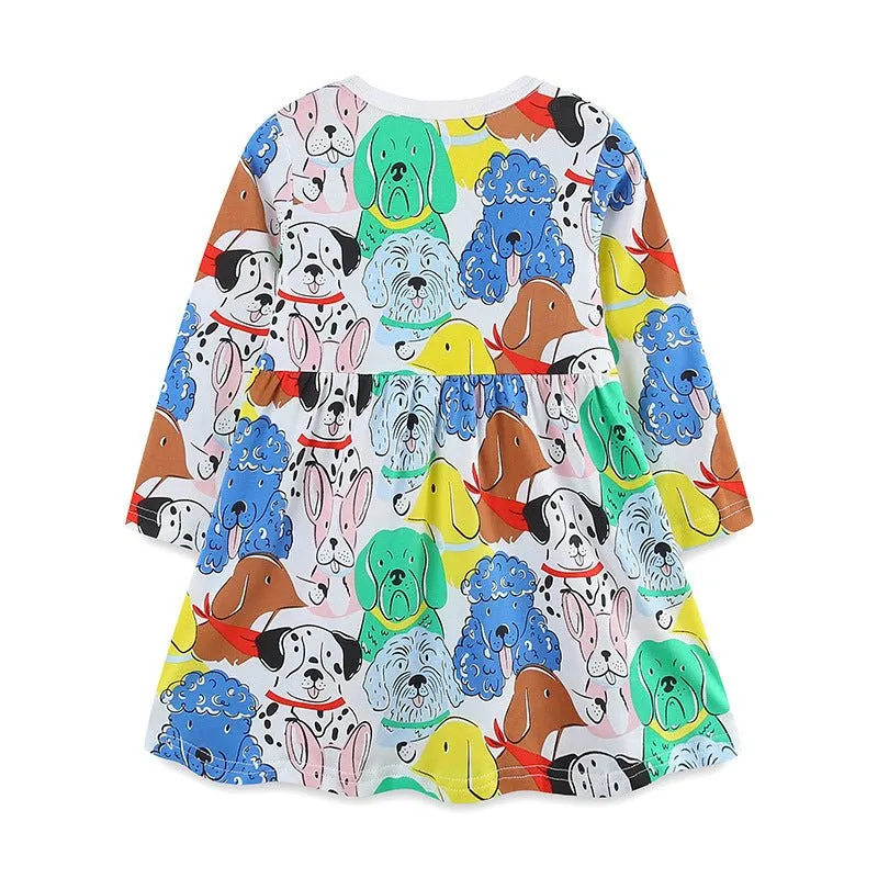 Toddler/Kid Girl's Long Sleeve Colorful Dogs Print Design Dress