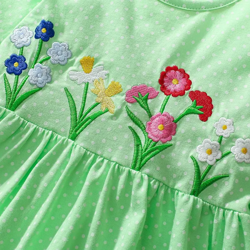 Toddler/Kid Girl's Long Sleeve Flower Embroidered Design Green Dress