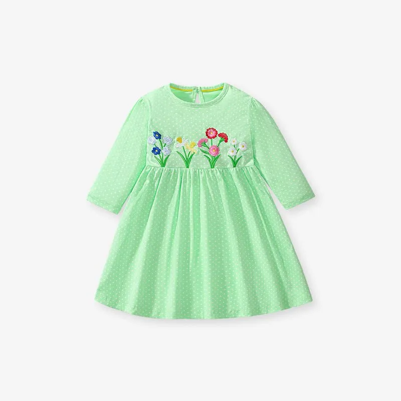 Toddler/Kid Girl's Long Sleeve Flower Embroidered Design Green Dress