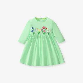 Toddler/Kid Girl's Long Sleeve Flower Embroidered Design Green Dress