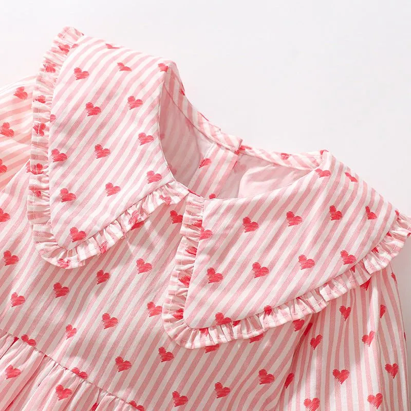 Toddler/Kid Girl's Long Sleeve Heart Print Stripes Design Pink Dress