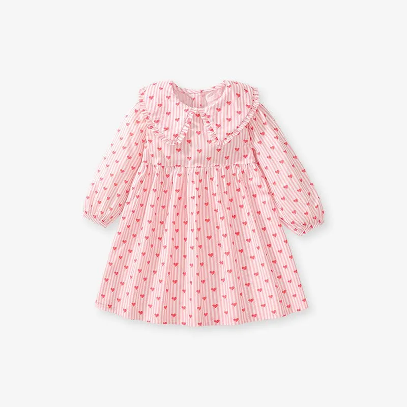 Toddler/Kid Girl's Long Sleeve Heart Print Stripes Design Pink Dress