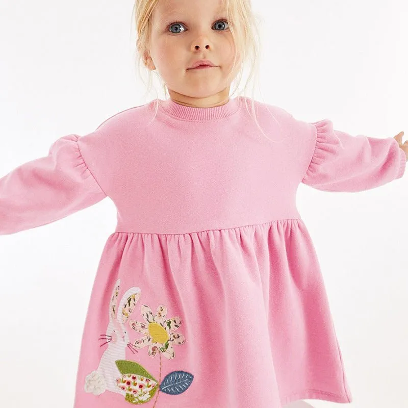 Toddler/Kid Girl’s Long Sleeve Rabbit and Sunflower Design Pink Dress