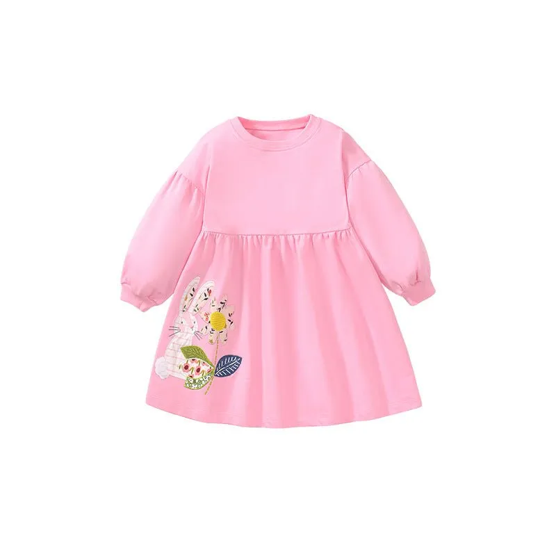 Toddler/Kid Girl’s Long Sleeve Rabbit and Sunflower Design Pink Dress