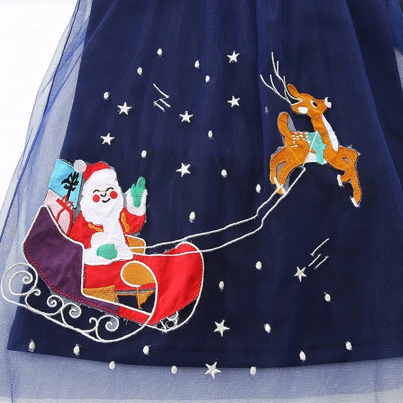 Toddler/Kid Girl's Long Sleeve Santa Sleigh's Ride Embroidery Design Dress