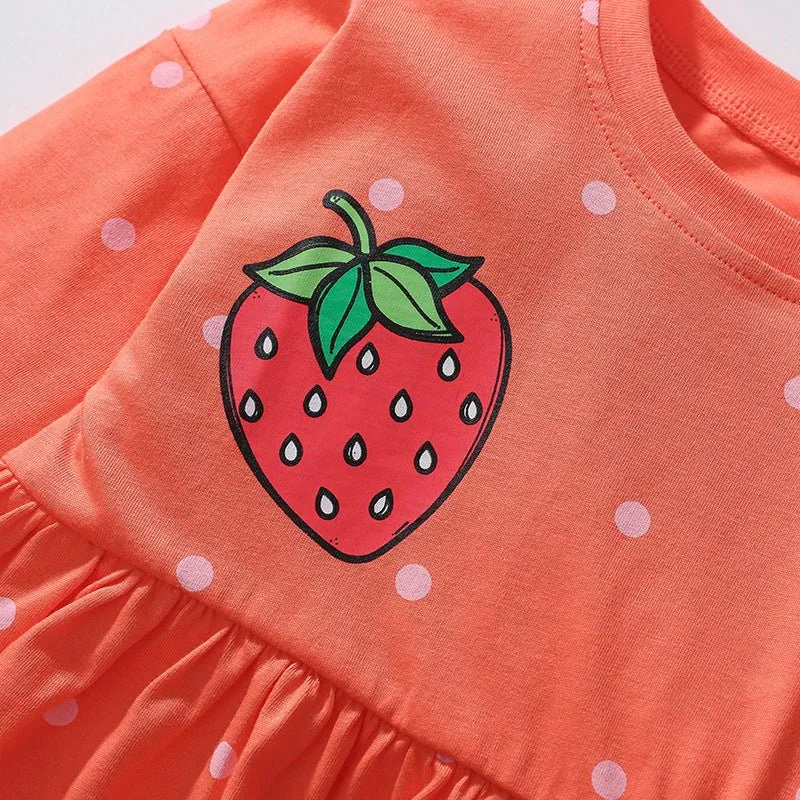 Toddler/Kid Girl's Long Sleeve Strawberry Printed Polka Dot Design Dress