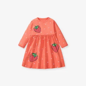 Toddler/Kid Girl's Long Sleeve Strawberry Printed Polka Dot Design Dress