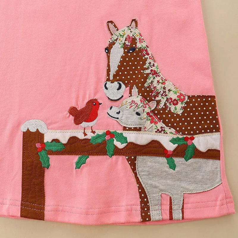 Toddler/Kid Girl's Pink Dress with Horse Embroidery Design