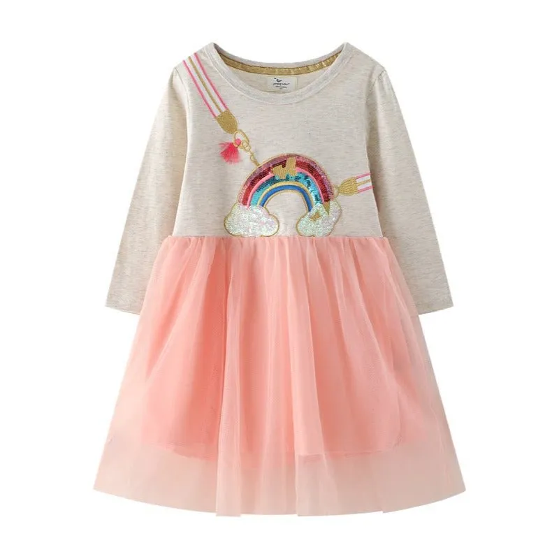 Toddler/Kid Girl's Rainbow Design Pink Long Sleeve Dress