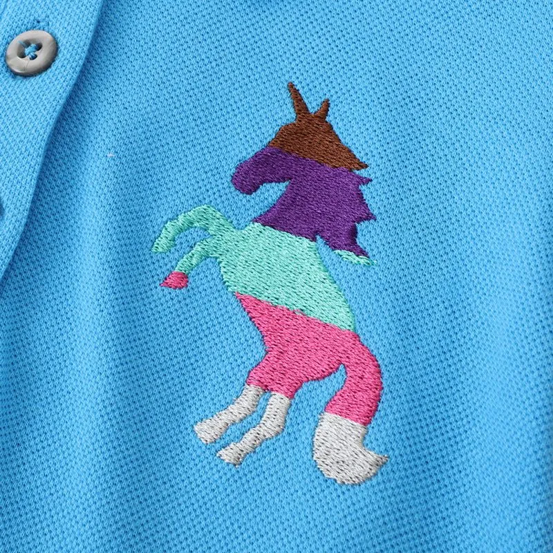 Toddler/Kid Girl's Short Sleeve Colorful Horse Design Polo Blue Dress