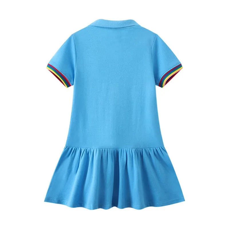 Toddler/Kid Girl's Short Sleeve Colorful Horse Design Polo Blue Dress