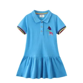 Toddler/Kid Girl's Short Sleeve Colorful Horse Design Polo Blue Dress