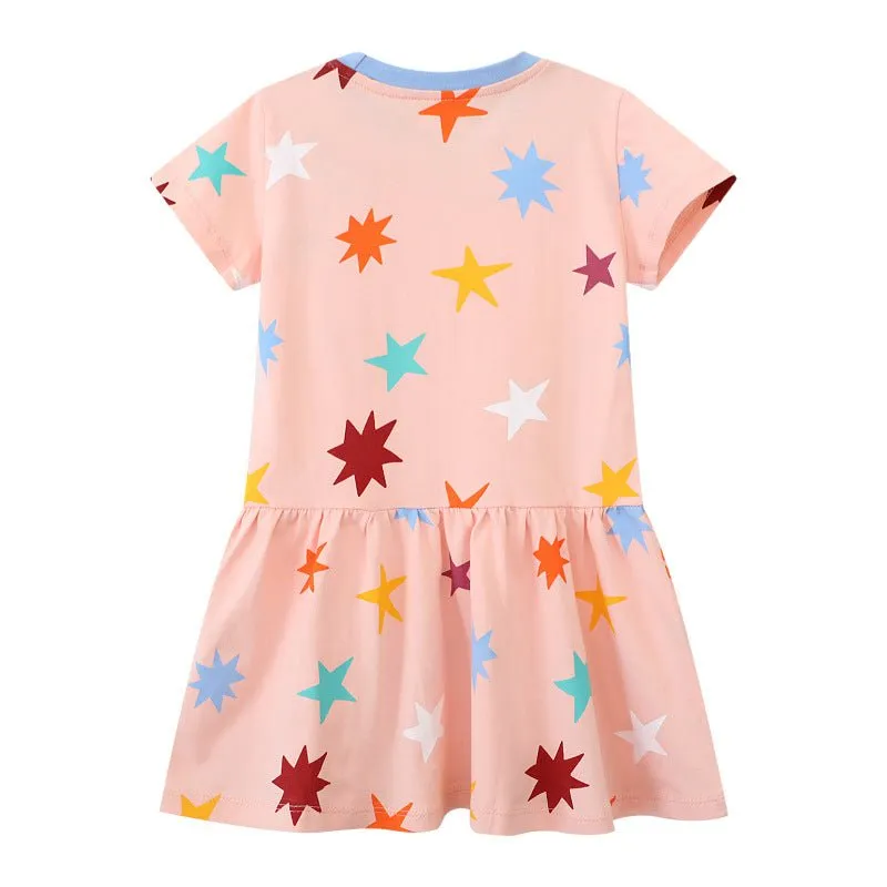 Toddler/Kid Girl's Short Sleeve Colorful Stars Print Design Pink Dress