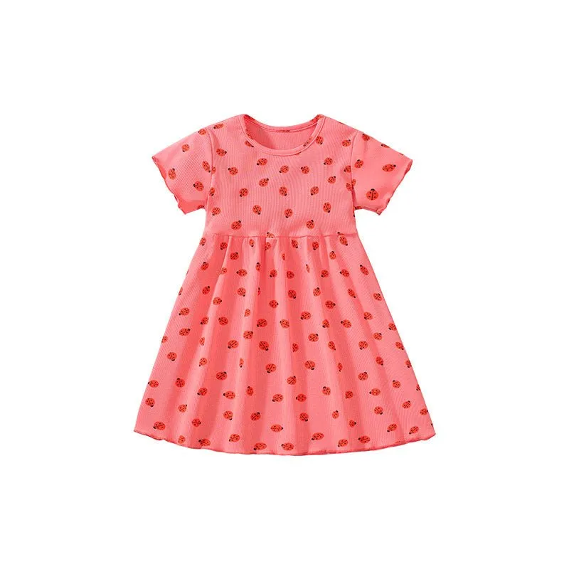 Toddler/Kid Girl's Short Sleeve Ladybugs Print Design Red  Dress