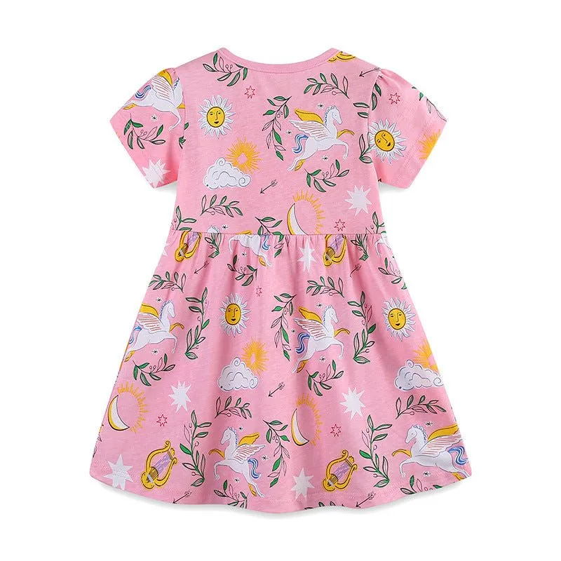 Toddler/Kid Girl's Short Sleeve Pink Unicorn Design Cotton Dress