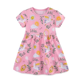 Toddler/Kid Girl's Short Sleeve Pink Unicorn Design Cotton Dress