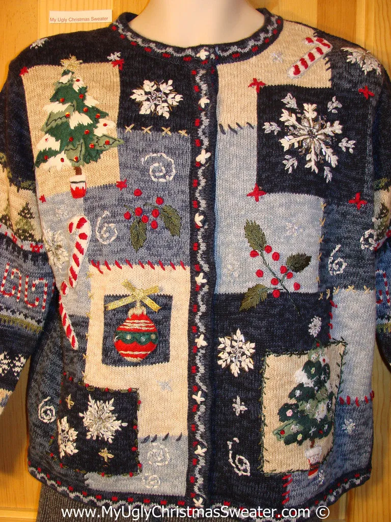 Ugly Christmas Sweater Party Crafty Blue Tacky Christmas Sweater (f1265)